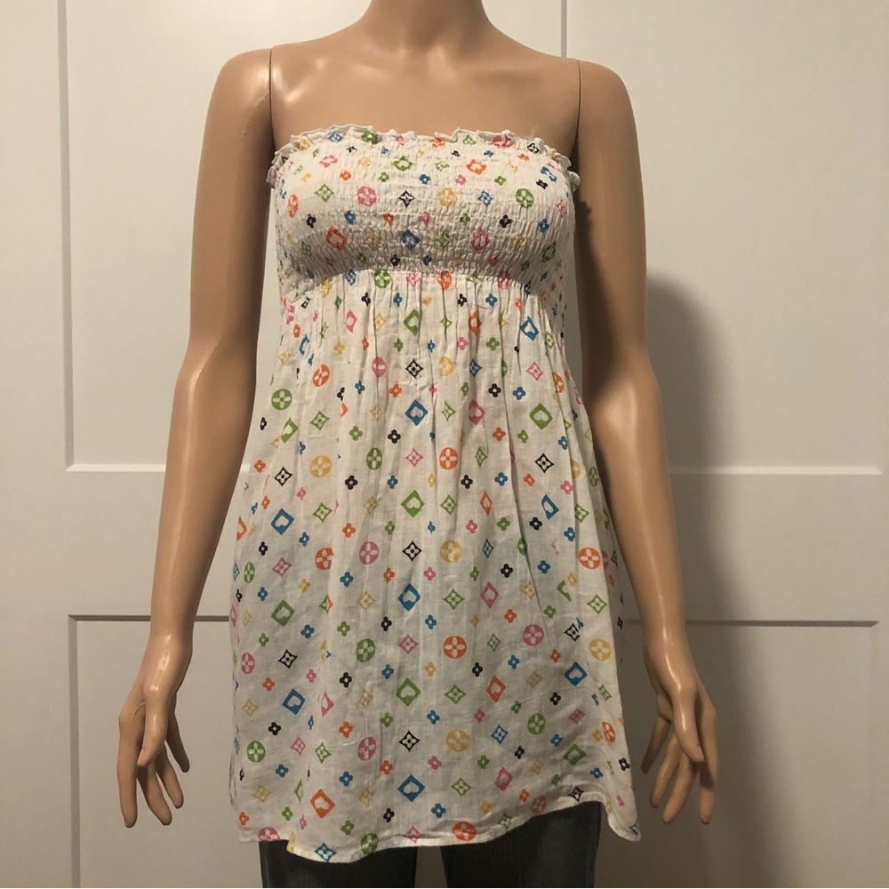 Anne Charles White Monogram Rainbow Semi Sheer Cotton Smocked Dress Top XS